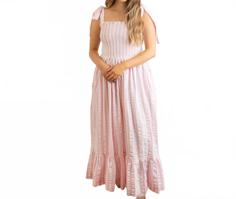 NEW 8 OAK LANE textured tie top smocked dress in pink/white